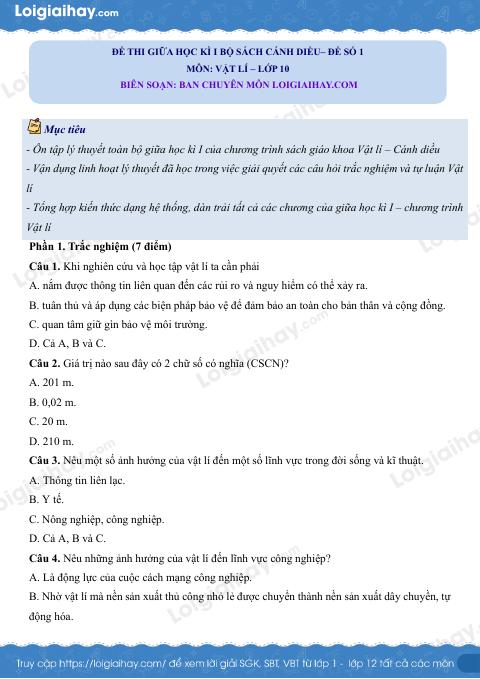 Đề thi giữa học kì 1 Vật lí 10 Cánh diều - Đề số 01